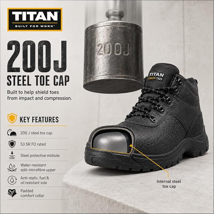 Titan Argon S3 SR FO Safety Boots, Steel Toe Cap Work Boots, Protective Midsole, Anti-Slip, Anti-Static, Fuel & Oil Resistant, Lightweight Microfiber Upper, EN ISO 20345:2022, UK Sizes 2-15