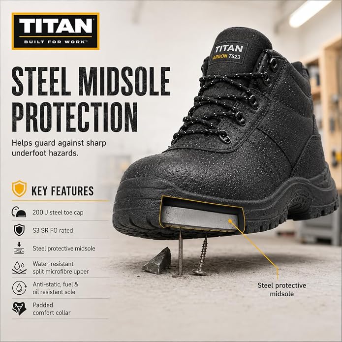 Titan Argon S3 SR FO Safety Boots, Steel Toe Cap Work Boots, Protective Midsole, Anti-Slip, Anti-Static, Fuel & Oil Resistant, Lightweight Microfiber Upper, EN ISO 20345:2022, UK Sizes 2-15