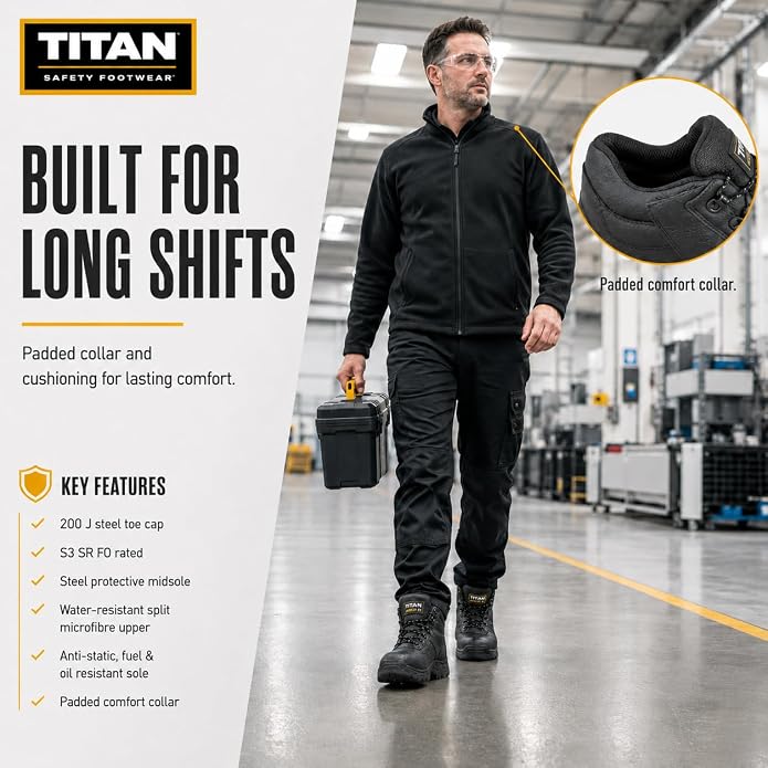 Titan Argon S3 SR FO Safety Boots, Steel Toe Cap Work Boots, Protective Midsole, Anti-Slip, Anti-Static, Fuel & Oil Resistant, Lightweight Microfiber Upper, EN ISO 20345:2022, UK Sizes 2-15