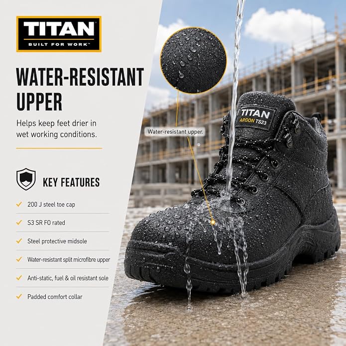 Titan Argon S3 SR FO Safety Boots, Steel Toe Cap Work Boots, Protective Midsole, Anti-Slip, Anti-Static, Fuel & Oil Resistant, Lightweight Microfiber Upper, EN ISO 20345:2022, UK Sizes 2-15
