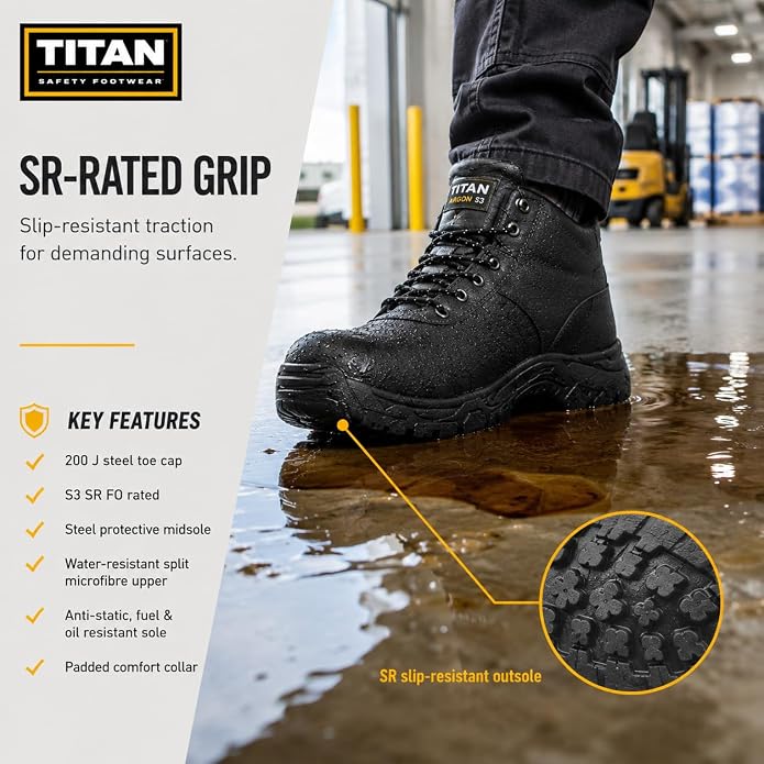 Titan Argon S3 SR FO Safety Boots, Steel Toe Cap Work Boots, Protective Midsole, Anti-Slip, Anti-Static, Fuel & Oil Resistant, Lightweight Microfiber Upper, EN ISO 20345:2022, UK Sizes 2-15