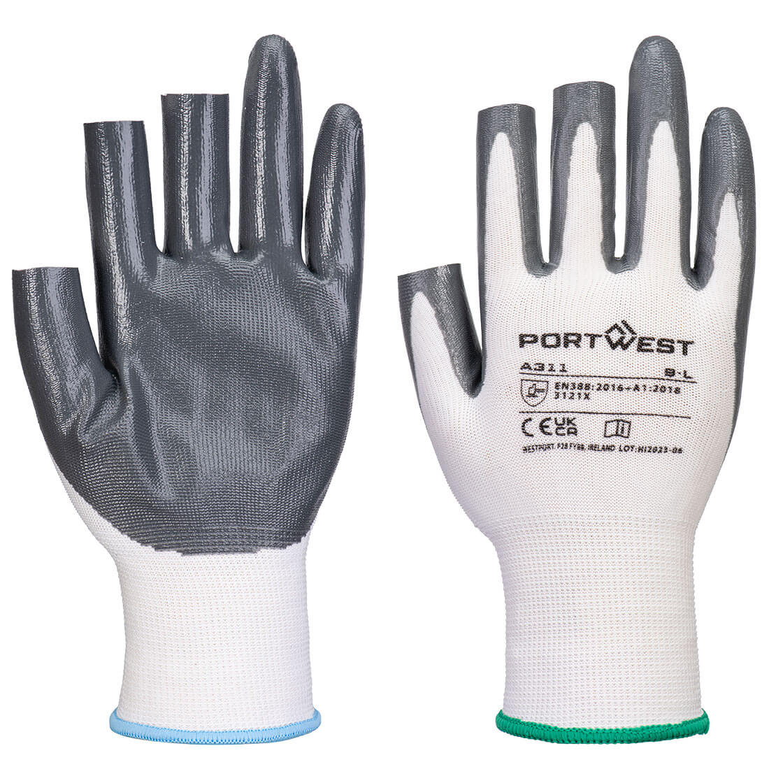 A311 - Grip 13 Nitrile 3 Fingerless Glove (Pk12) White/Grey