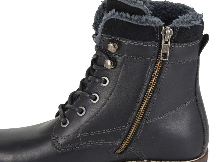 L 032 Woodland Leather Lace/Zip High Ankle Country Boots Faux Fur Warm Lining
