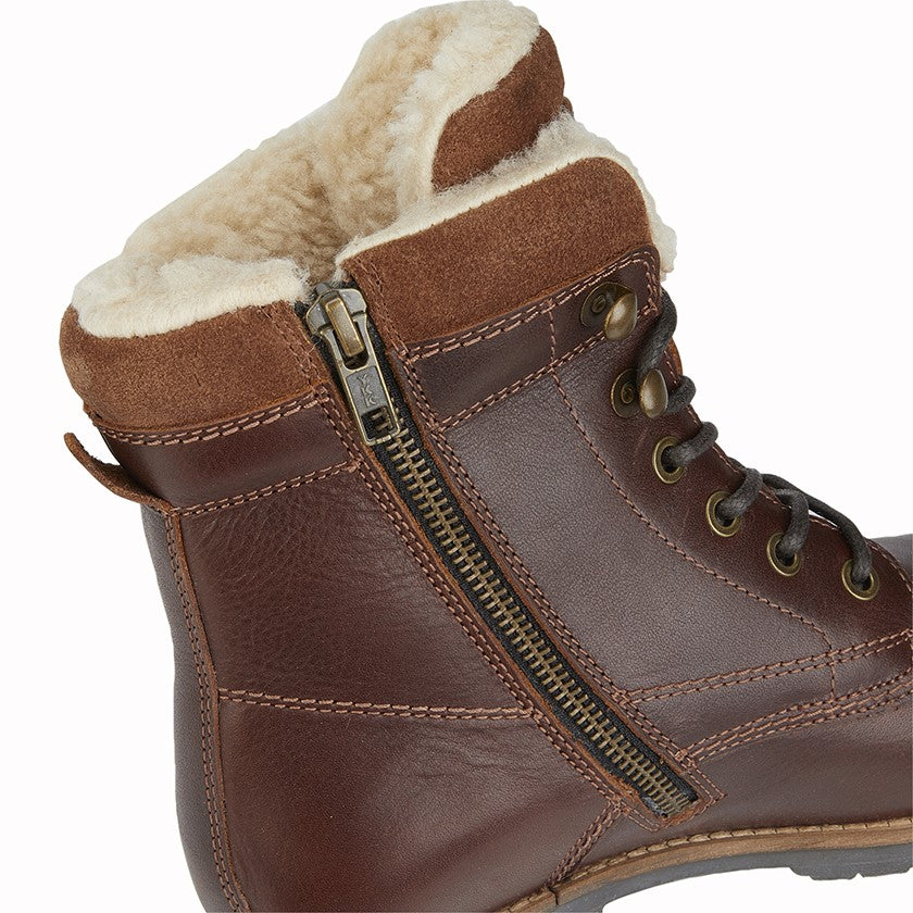 L 032 Woodland Leather Lace/Zip High Ankle Country Boots Faux Fur Warm Lining