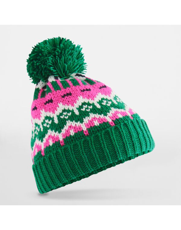 Retro Ski Beanie with Fair Isle Pattern, Fleece Lining & Pom Pom