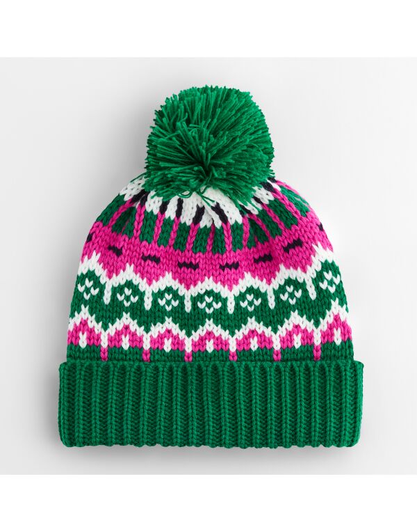 Retro Ski Beanie with Fair Isle Pattern, Fleece Lining & Pom Pom