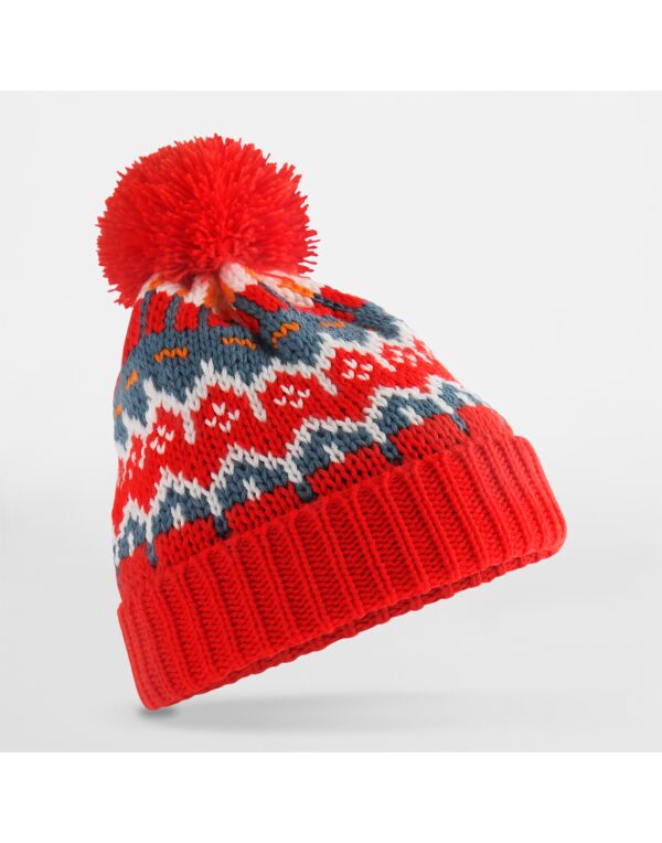 Retro Ski Beanie with Fair Isle Pattern, Fleece Lining & Pom Pom