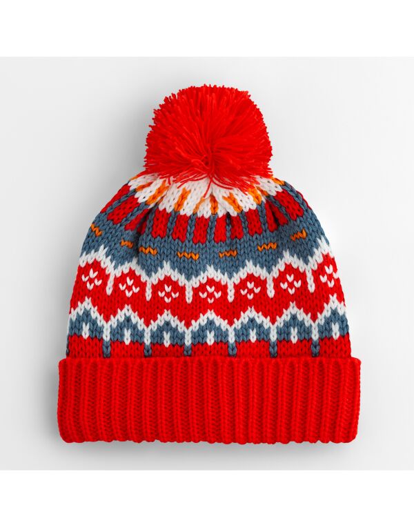 Retro Ski Beanie with Fair Isle Pattern, Fleece Lining & Pom Pom