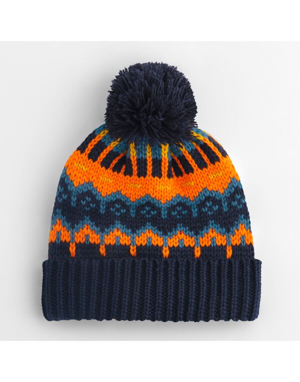 Retro Ski Beanie with Fair Isle Pattern, Fleece Lining & Pom Pom