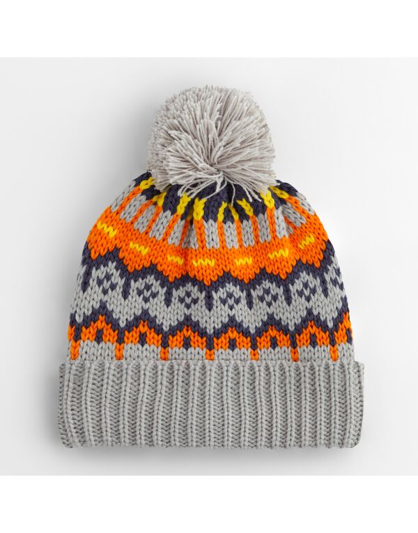 Retro Ski Beanie with Fair Isle Pattern, Fleece Lining & Pom Pom