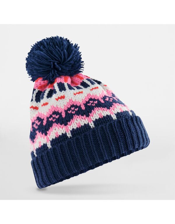 Retro Ski Beanie with Fair Isle Pattern, Fleece Lining & Pom Pom