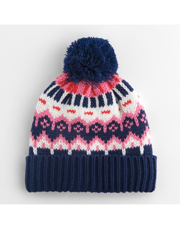 Retro Ski Beanie with Fair Isle Pattern, Fleece Lining & Pom Pom