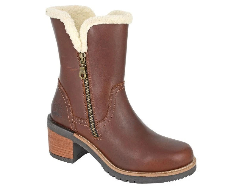 L543B Ladies Brown Leather Shoe Twin Zip Warm Lined Ankle Boots Faux Wool Lining