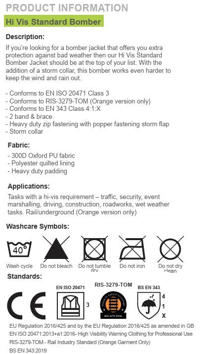 Stormway Mens Waterproof Two Tone Bomber Hi Vis Visibility Standard Safety Work Wear Jacket EN ISO 20471 Class 3